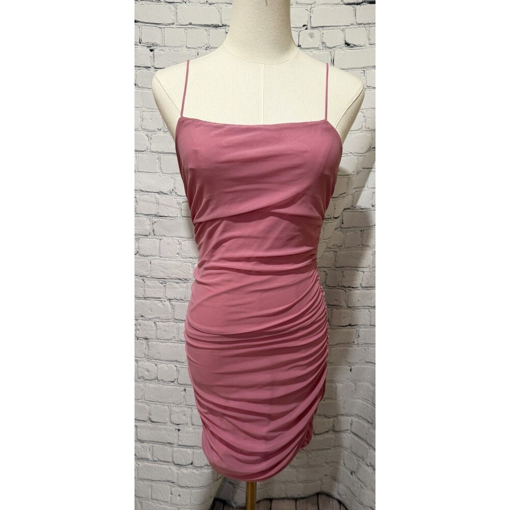 Hello Molly Women's Pink Bodycon Ruched Spaghetti Strap Open Back Dress Large